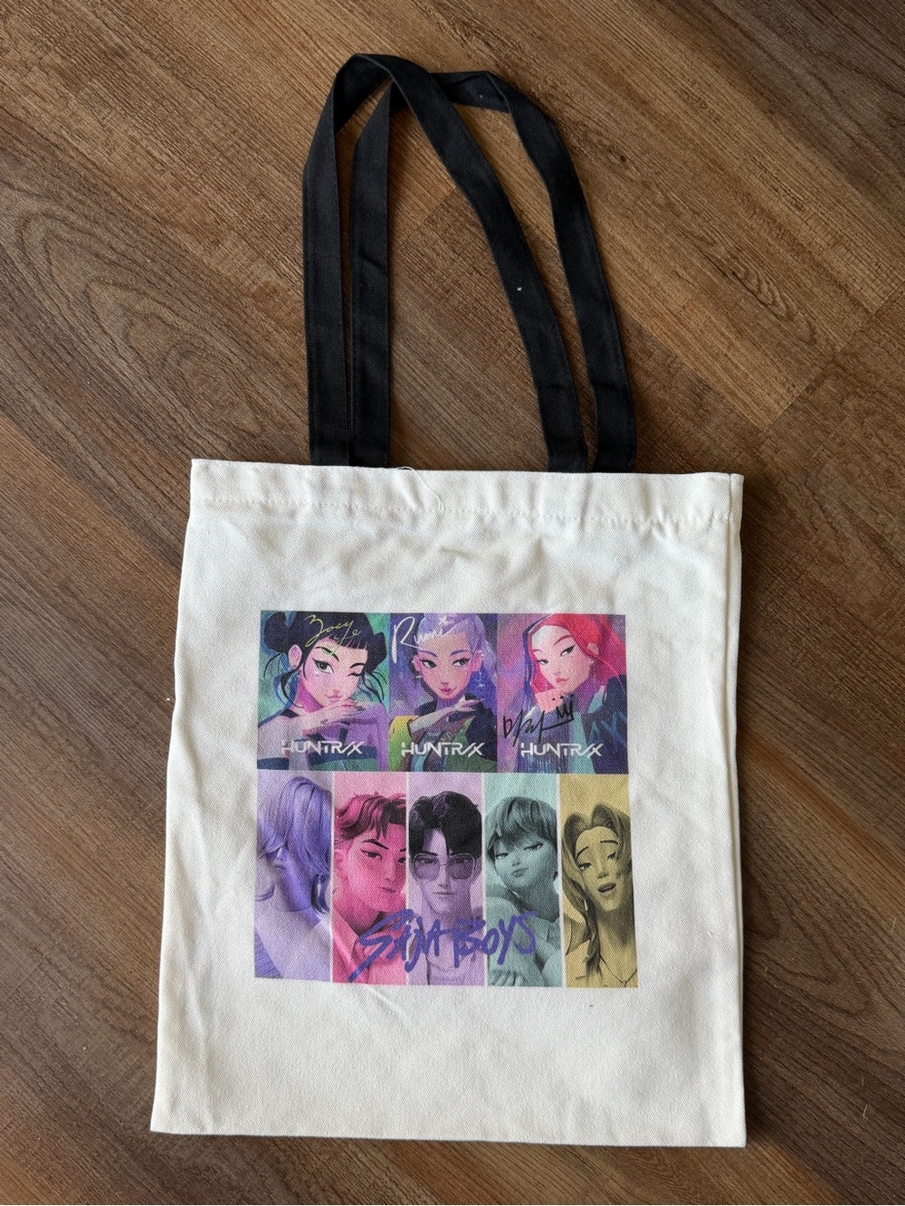 K Pop & Saja Boy Canvas Graphic Tote Bag with Black Handles - White